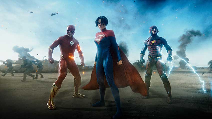 (L-R) EZRA MILLER as Barry Allen/The Flash, SASHA CALLE as Kara Zor-El/Supergirl and EZRA MILLER as Barry Allen/The Flash in Warner Bros. Pictures’ action adventure “THE FLASH,” a Warner Bros. Pictures release.
Courtesy of Warner Bros. Pictures/™ & © DC Comics 